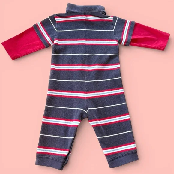 Vintage LAND’S END 3-6 Month Polo Striped Jumpsuit Layered Long Sleeves Snaps - Picture 2 of 10